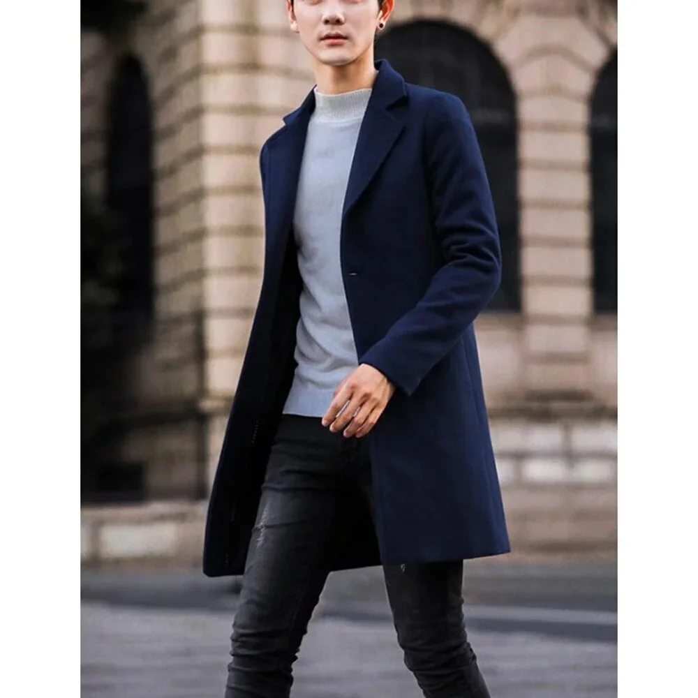 Men's Navy Wool Blend Pea Coat Notched Collar Single Breasted Overcoat